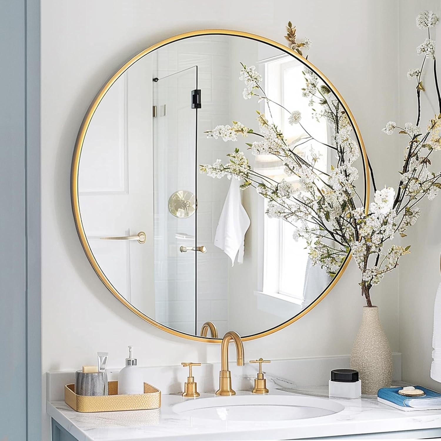 24 Inch Gold Round Mirror Shatterproof For Bathroom Hallway