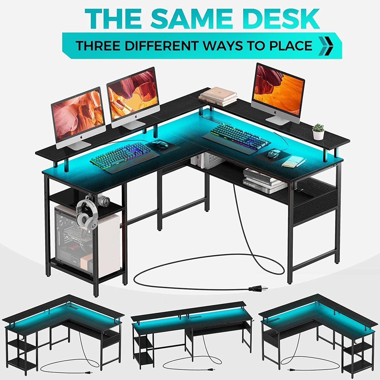L-Shaped Computer Desk With LED Strip, 59.4in Wide, Black