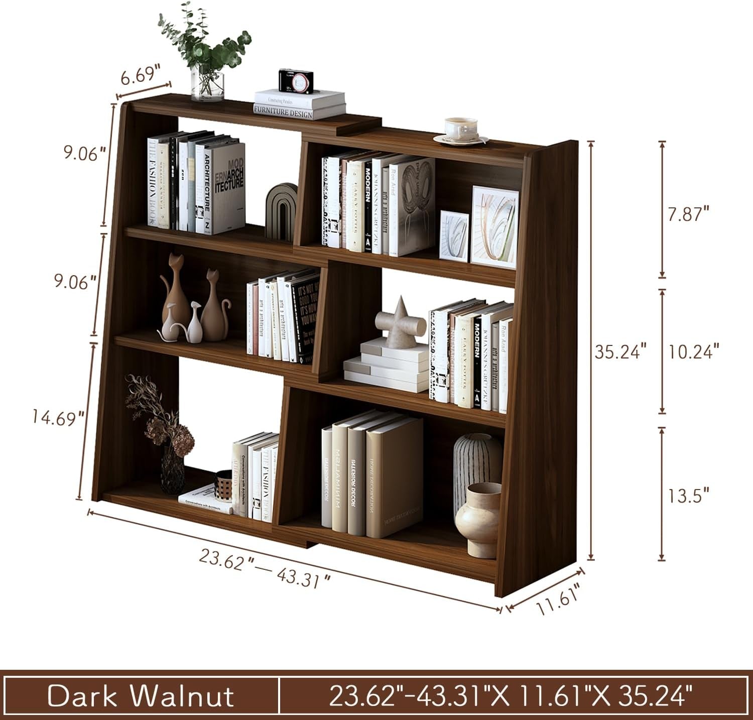 Extendable Walnut Three Tier Bookcase With Open Cubbies