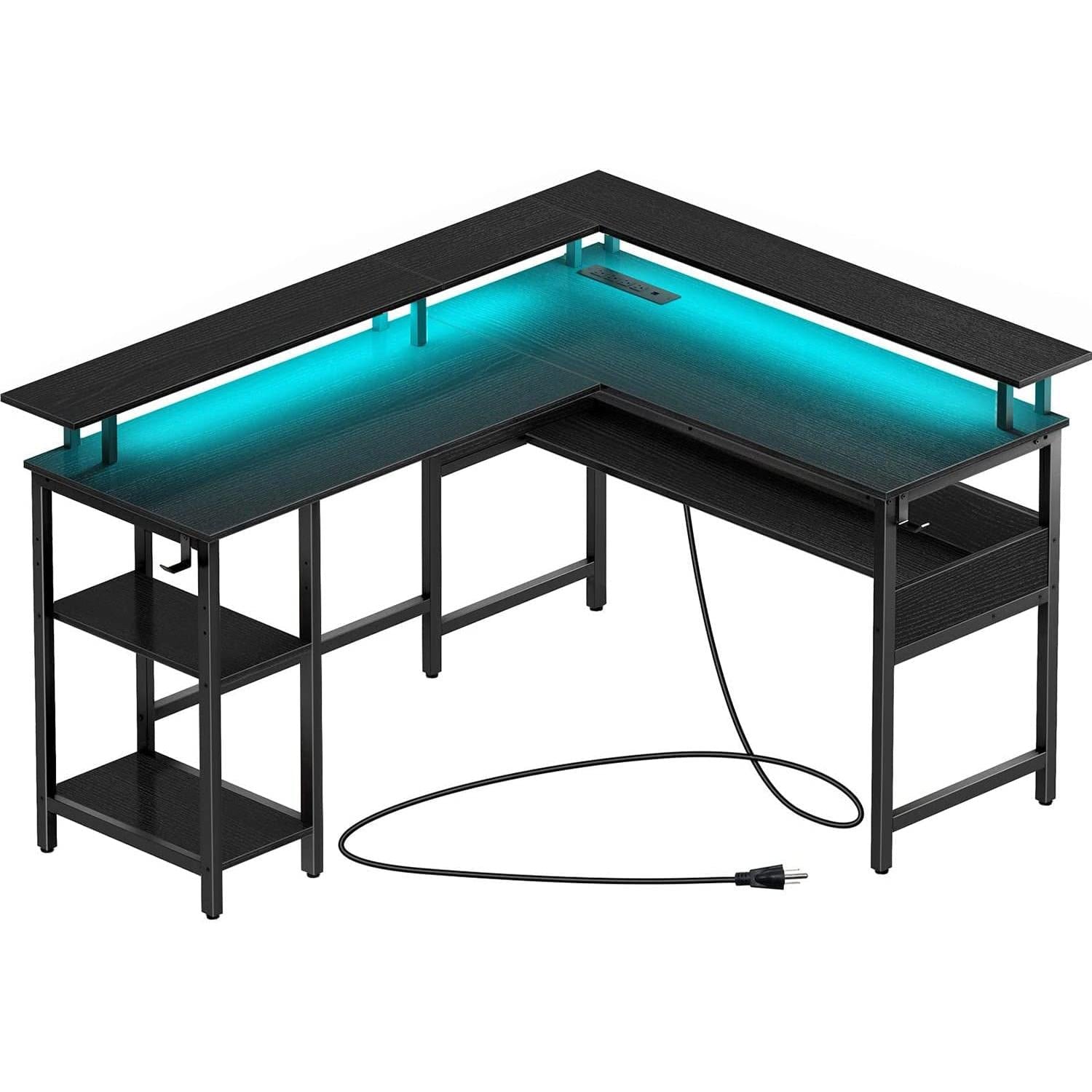 L-Shaped Computer Desk With LED Strip, 59.4in Wide, Black
