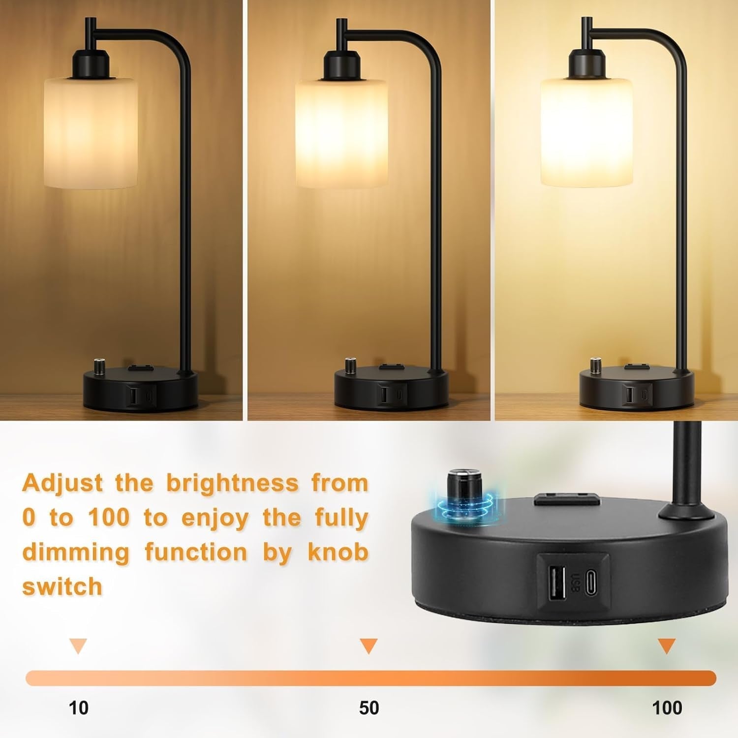 Industrial Black Dimmable Bedside Lamps With USB Ports