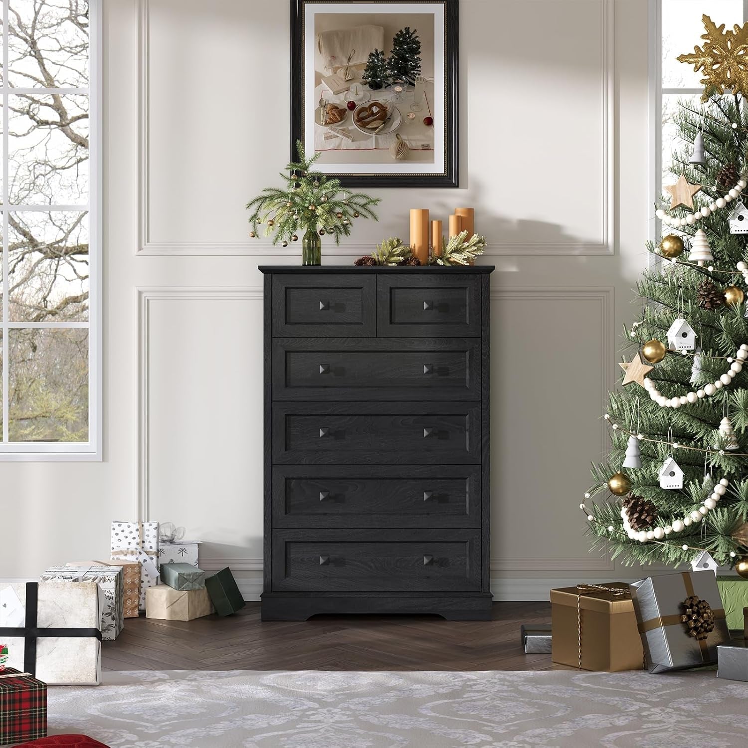 Tall Black Six Drawer Dresser Contemporary Storage