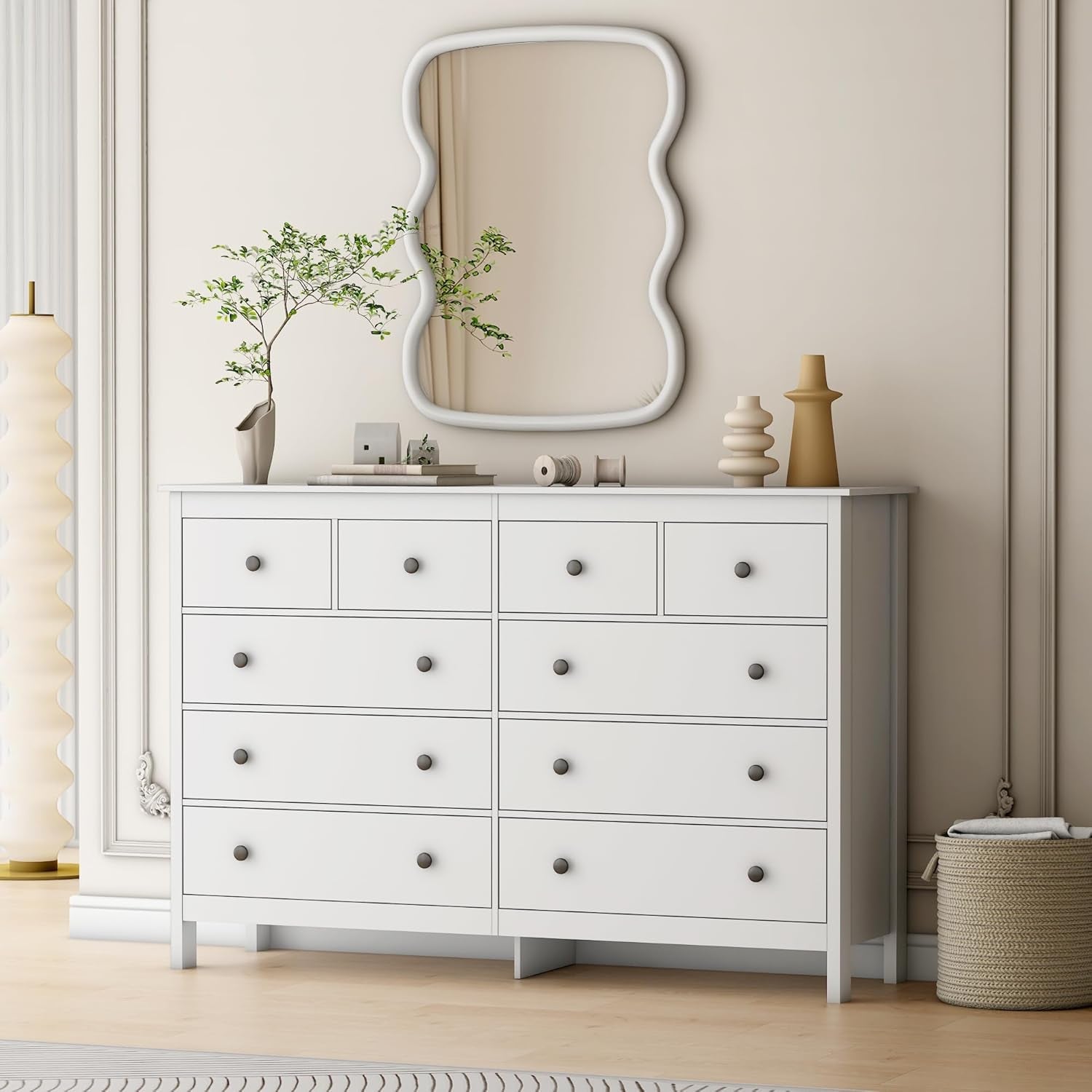 White 55 Inch Ten Drawer Dresser Modern Bedroom Storage
