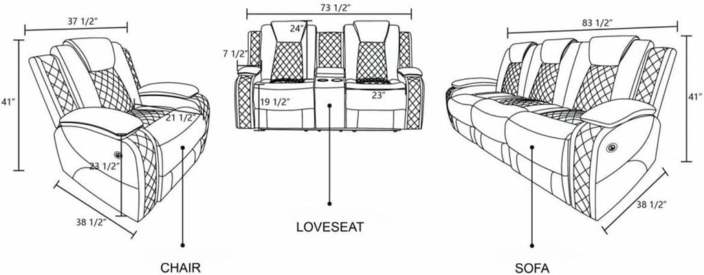 Electric Power Recliner Sofa Black With USB Charging Ports