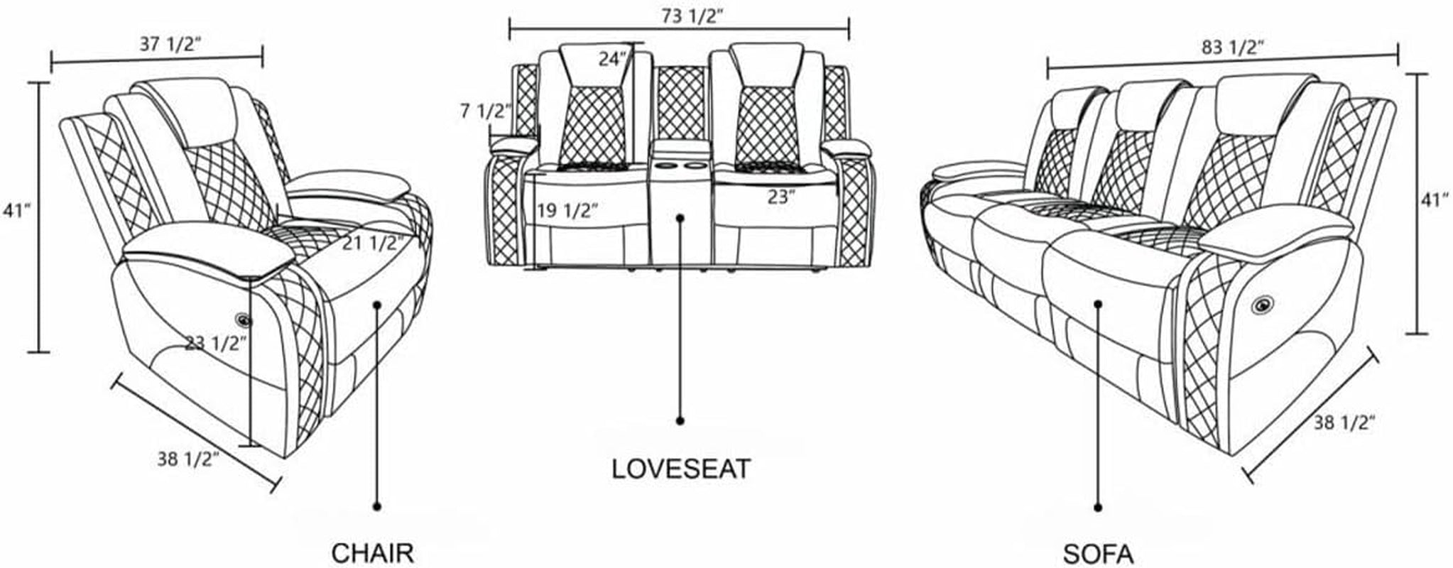 Electric Power Recliner Sofa Black With USB Charging Ports