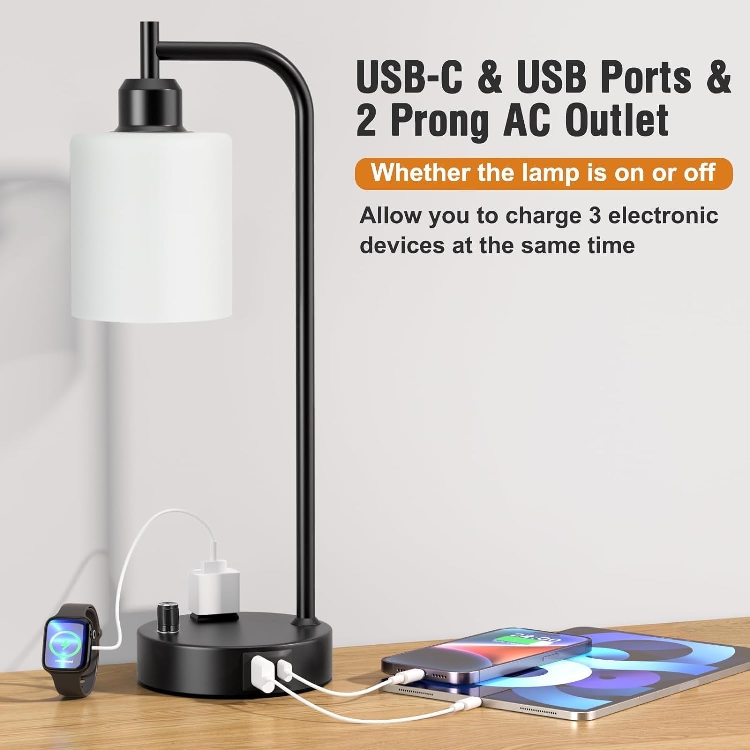 Industrial Black Dimmable Bedside Lamps With USB Ports