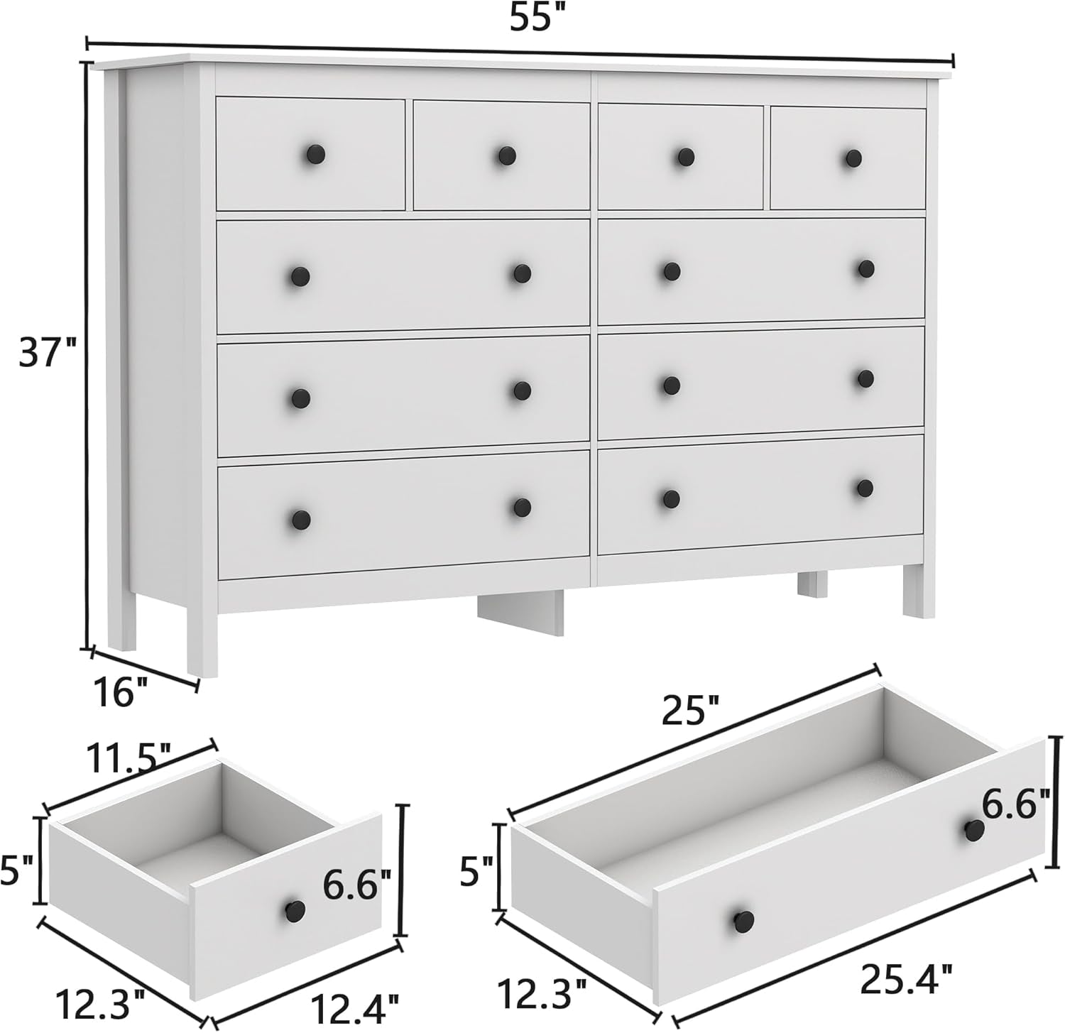 White 55 Inch Ten Drawer Dresser Modern Bedroom Storage
