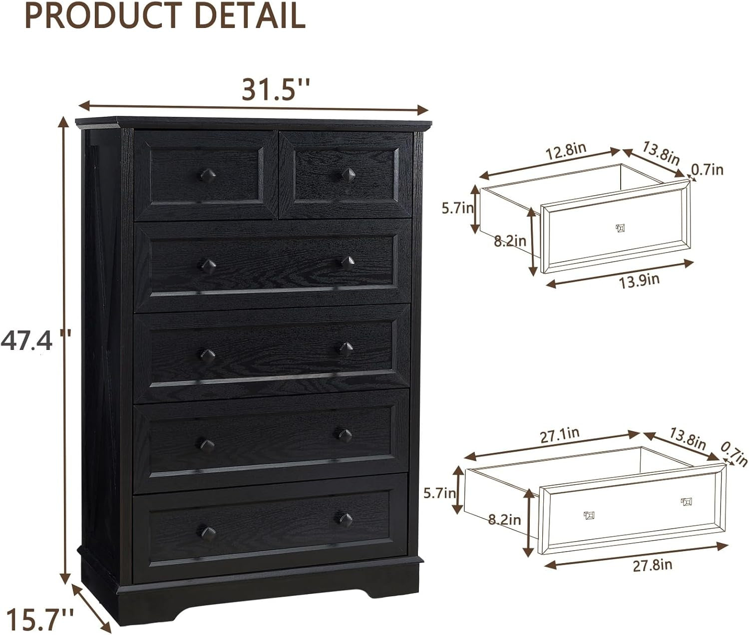 Tall Black Six Drawer Dresser Contemporary Storage