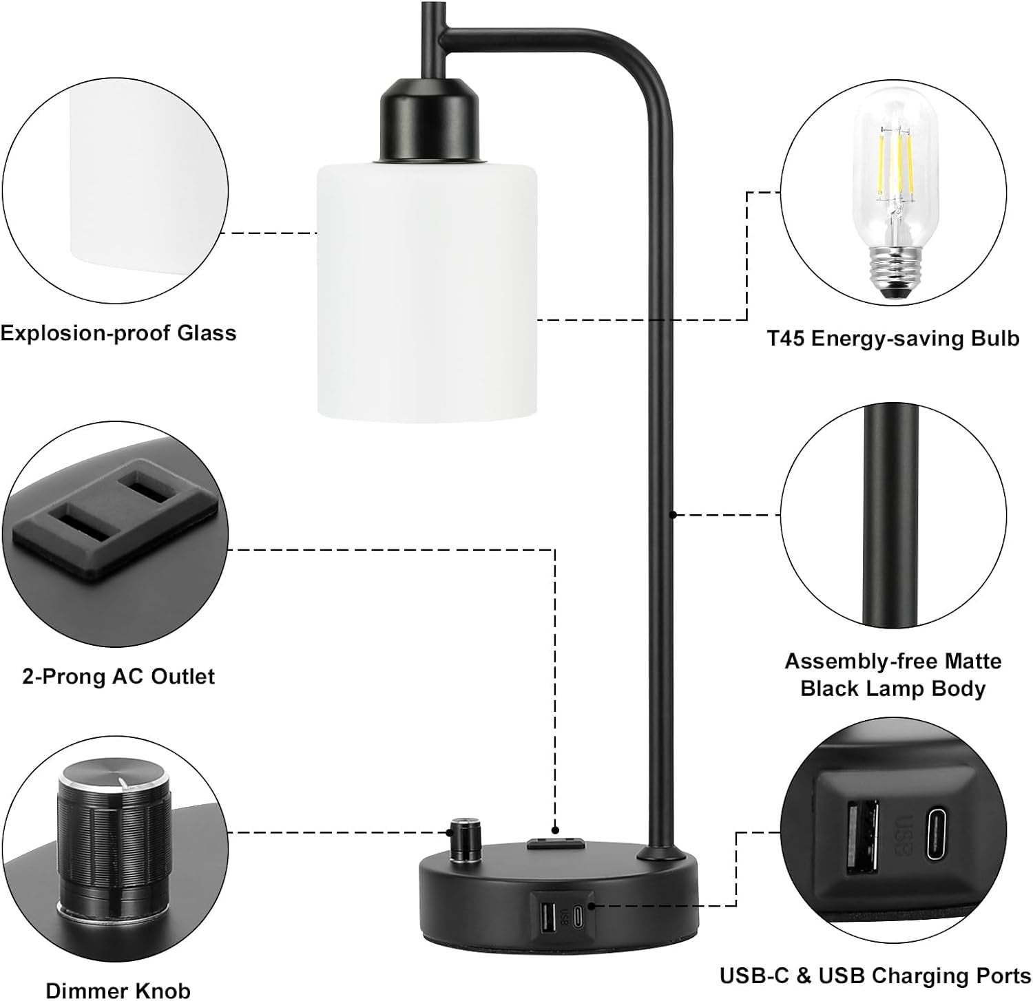 Industrial Black Dimmable Bedside Lamps With USB Ports