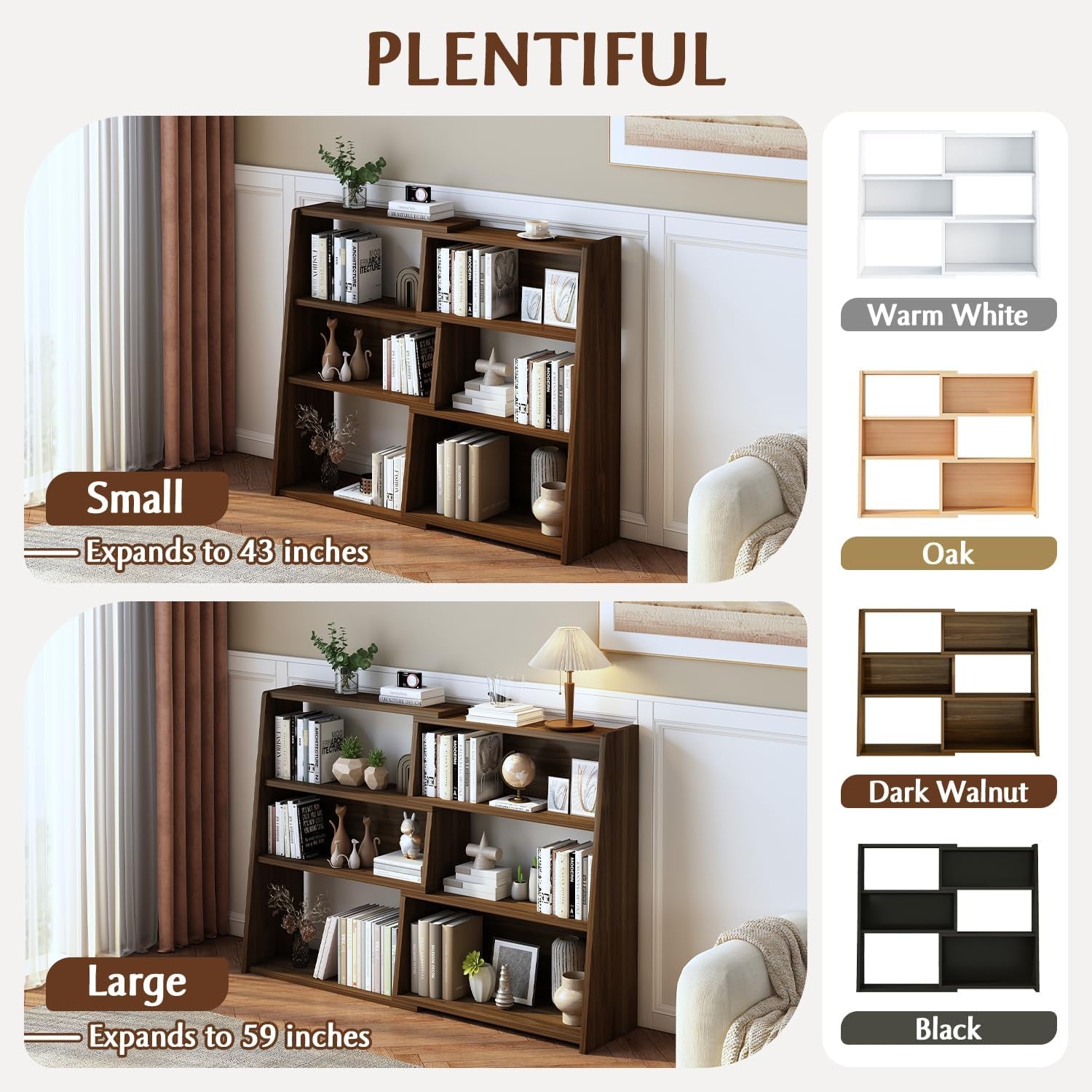 Extendable Walnut Three Tier Bookcase With Open Cubbies