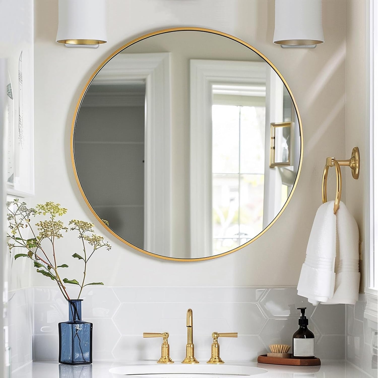 24 Inch Gold Round Mirror Shatterproof For Bathroom Hallway