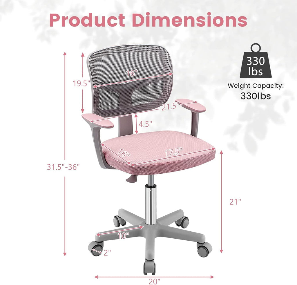 Kids Desk Chair Pink Height Adjustable Lumbar Support