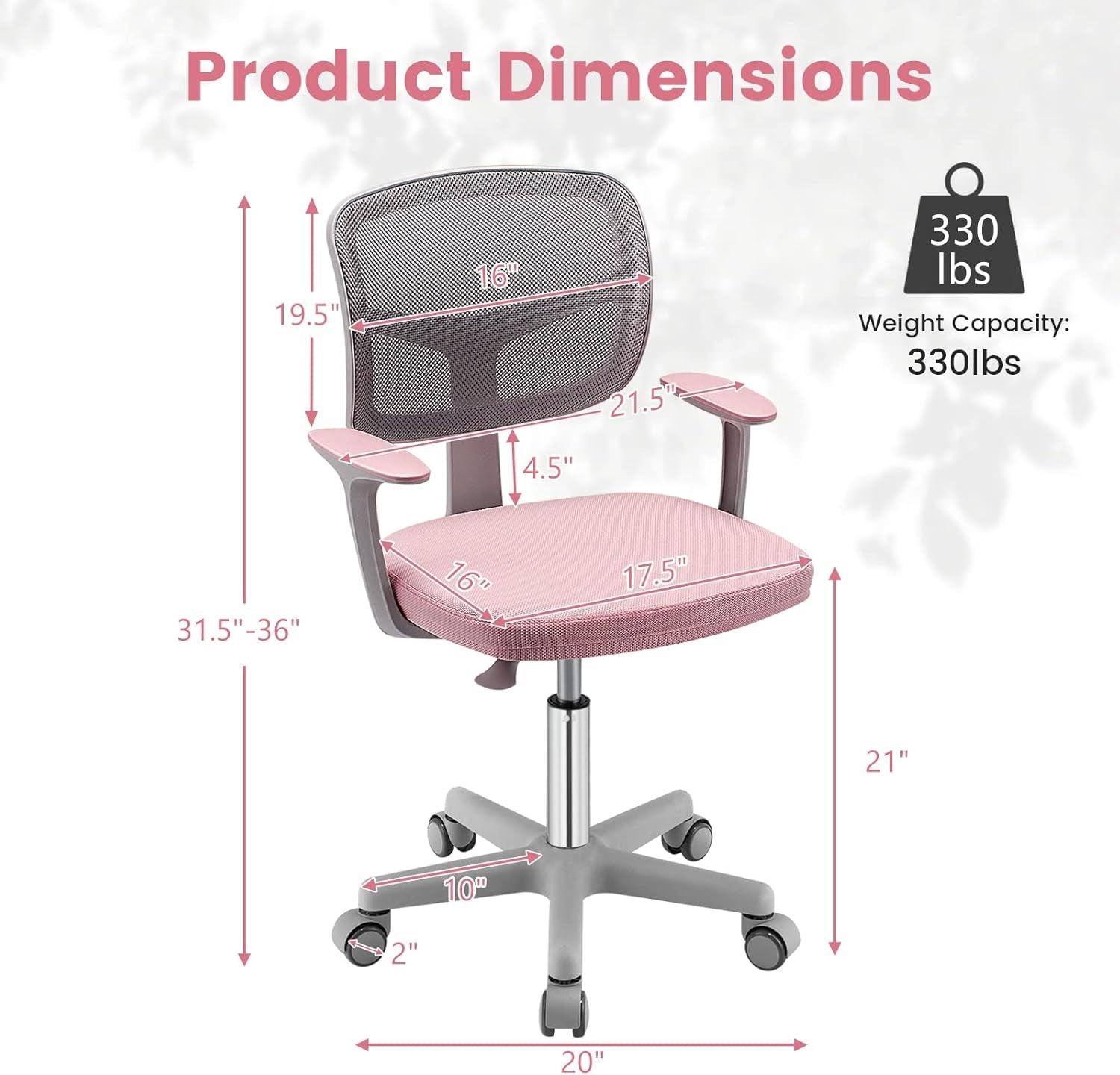 Kids Desk Chair Pink Height Adjustable Lumbar Support