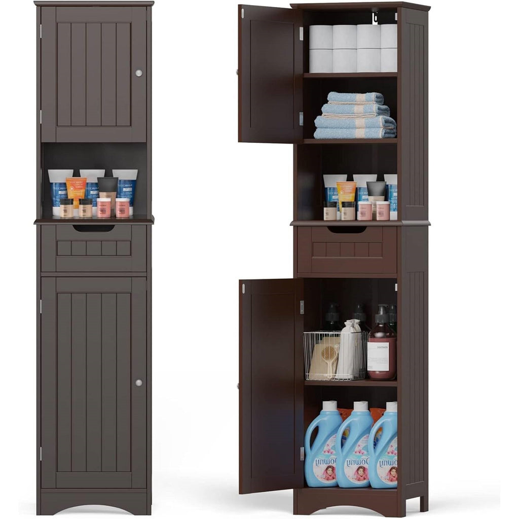Dark Brown Bathroom Linen Cabinet Tower with 2 Doors Storage Drawer and Shelf