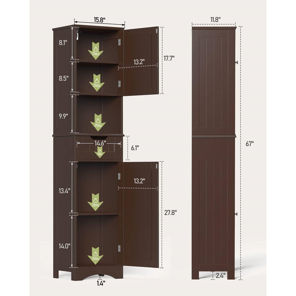 Dark Brown Bathroom Linen Cabinet Tower with 2 Doors Storage Drawer and Shelf