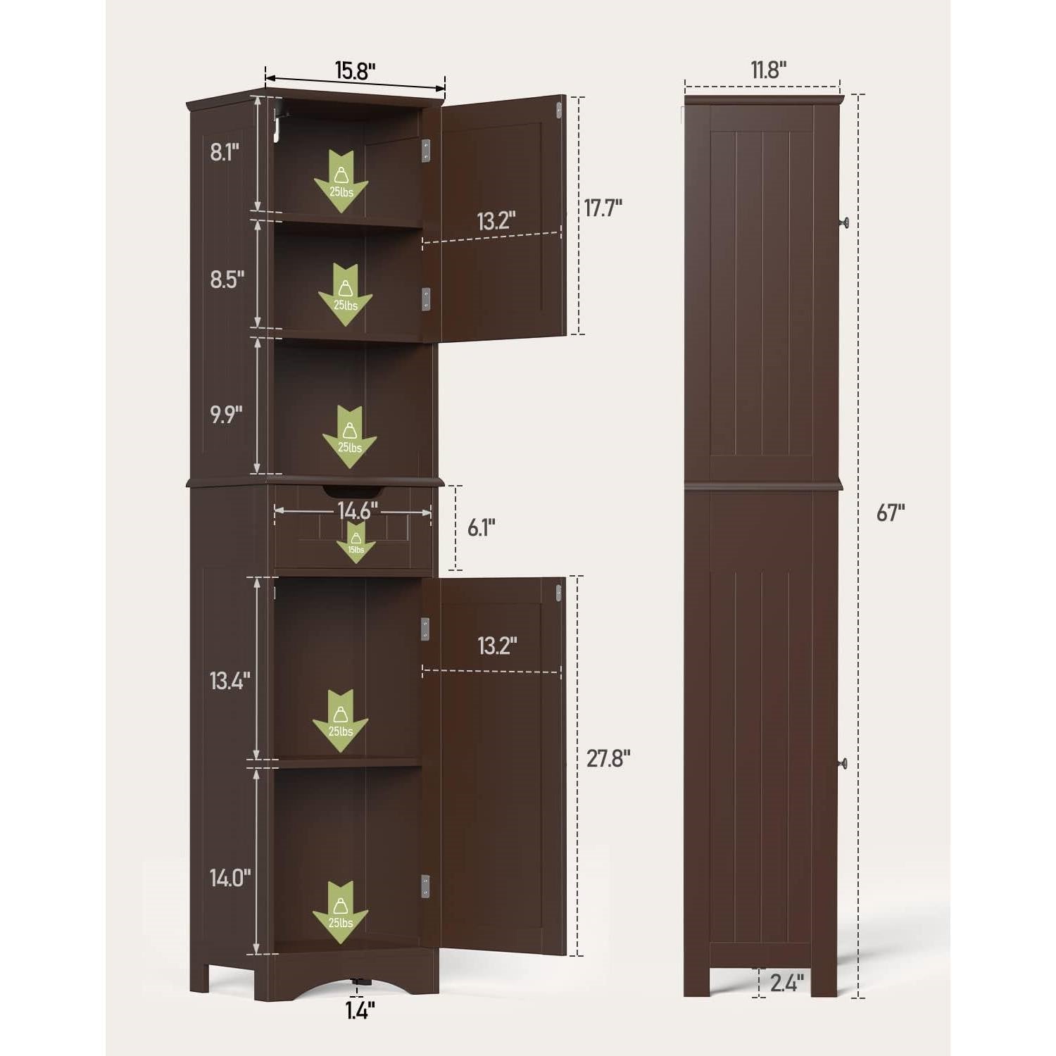 Dark Brown Bathroom Linen Cabinet Tower with 2 Doors Storage Drawer and Shelf