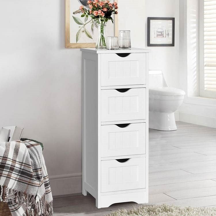 Modern Farmhouse 4-Drawer Bathroom Linen Floor Cabinet in White Wood Finish