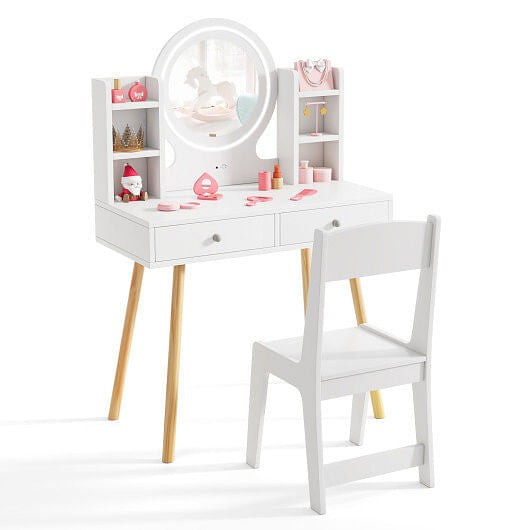 Kids Vanity Set with Lighted Mirror and Storage Drawers-White