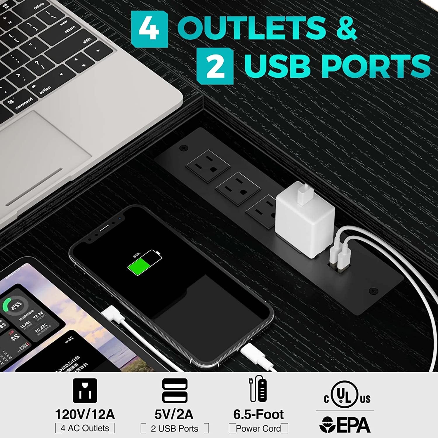 L-Shaped Computer Desk With LED Strip, 59.4in Wide, Black