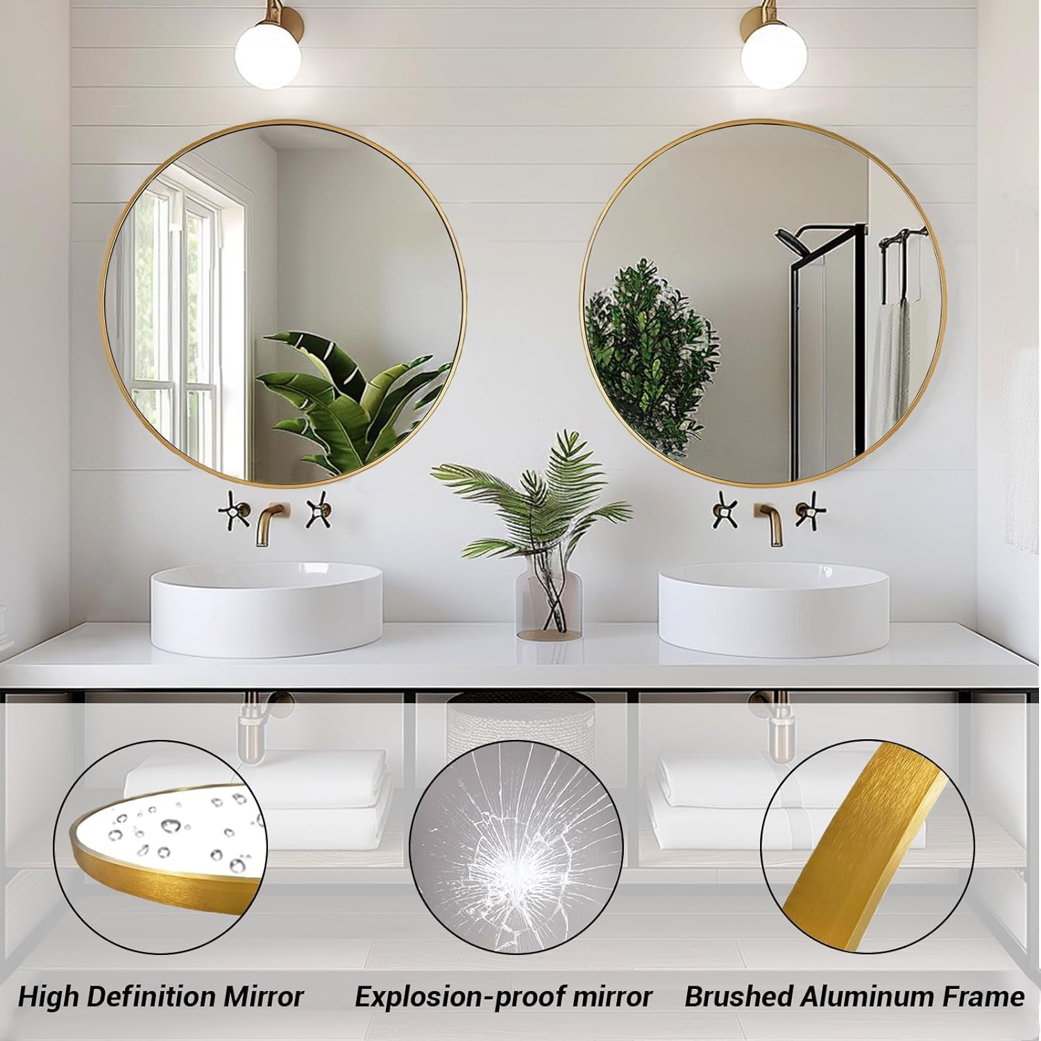 24 Inch Gold Round Mirror Shatterproof For Bathroom Hallway