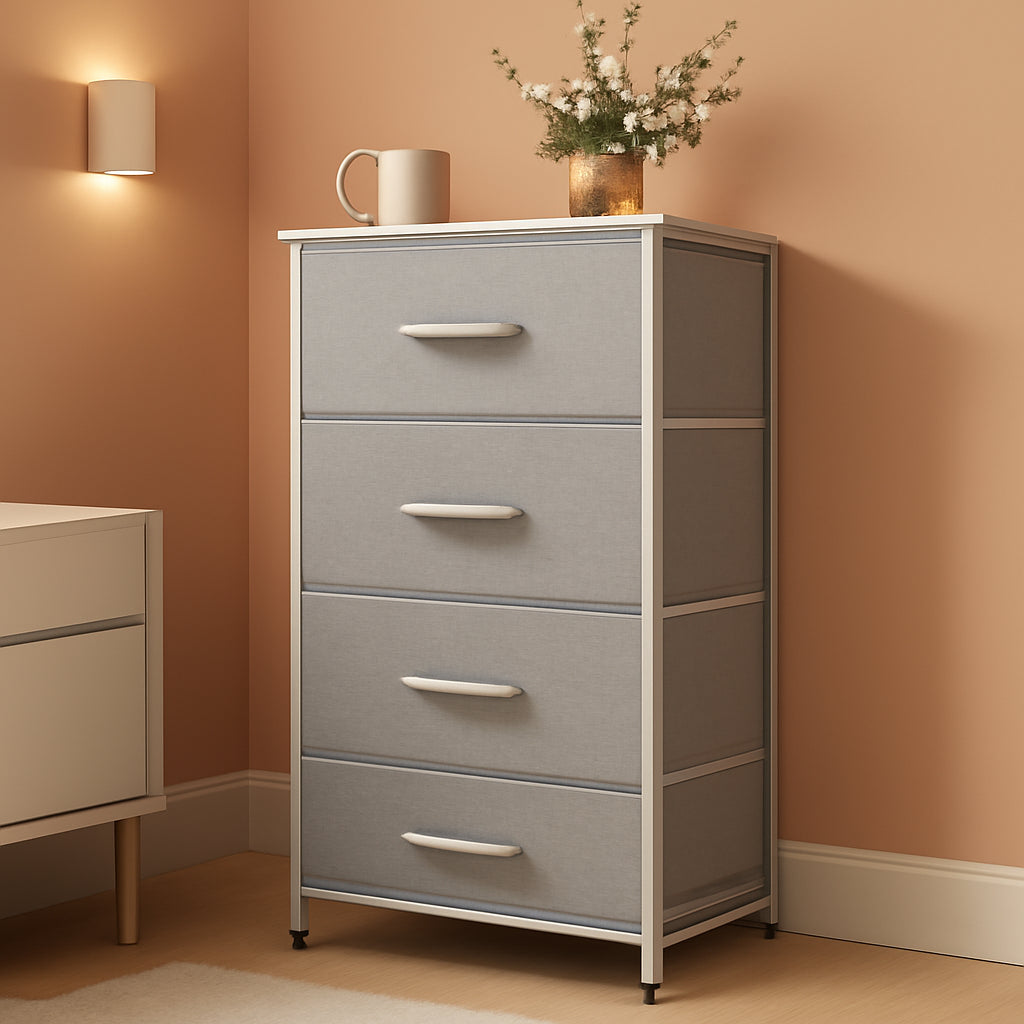 Light Grey Fabric 4 Drawer Dresser With Wood Top Storage
