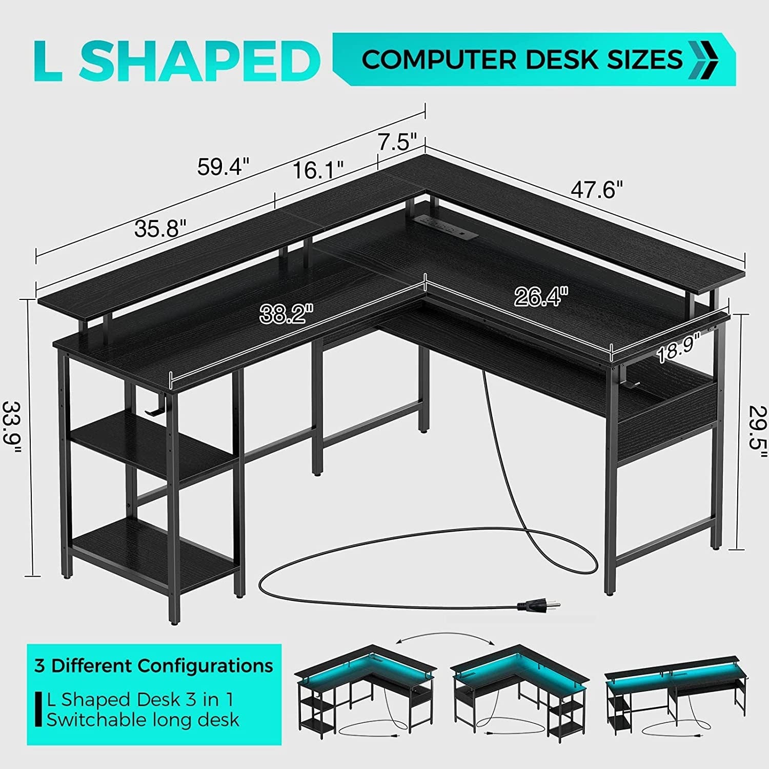 L-Shaped Computer Desk With LED Strip, 59.4in Wide, Black