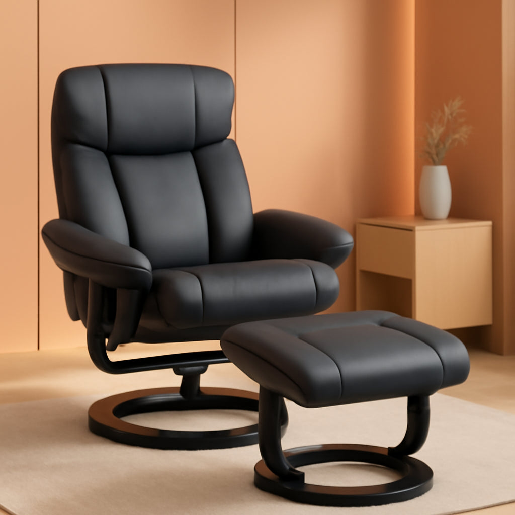 PU Leather Massage Recliner Chair With Ottoman Black Swivel