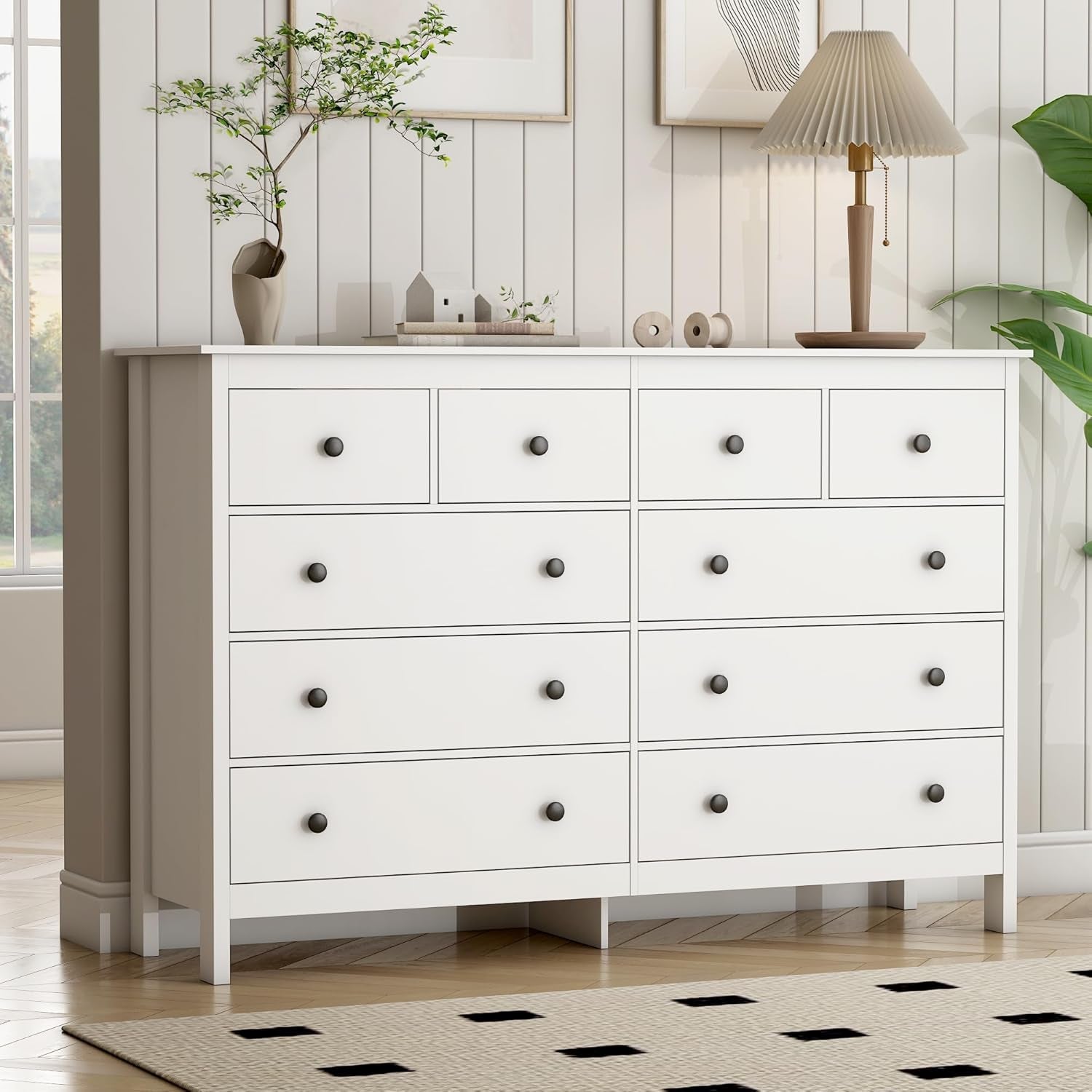White 55 Inch Ten Drawer Dresser Modern Bedroom Storage