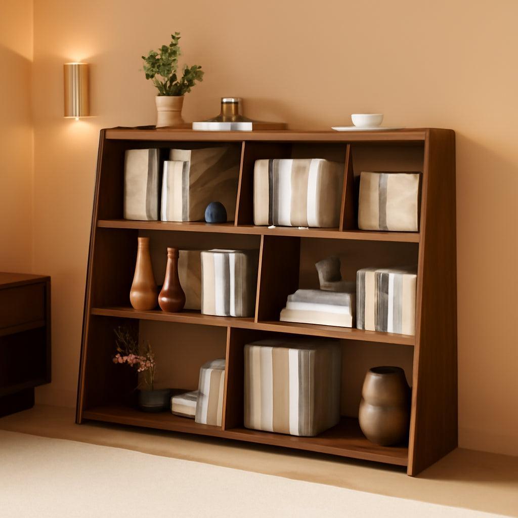 Extendable Walnut Three Tier Bookcase With Open Cubbies