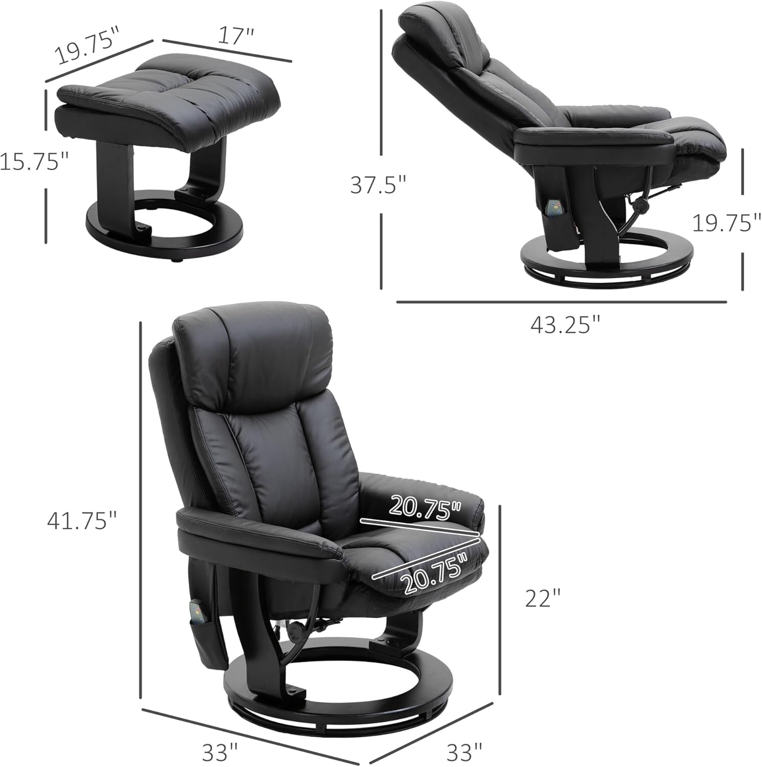 PU Leather Massage Recliner Chair With Ottoman Black Swivel
