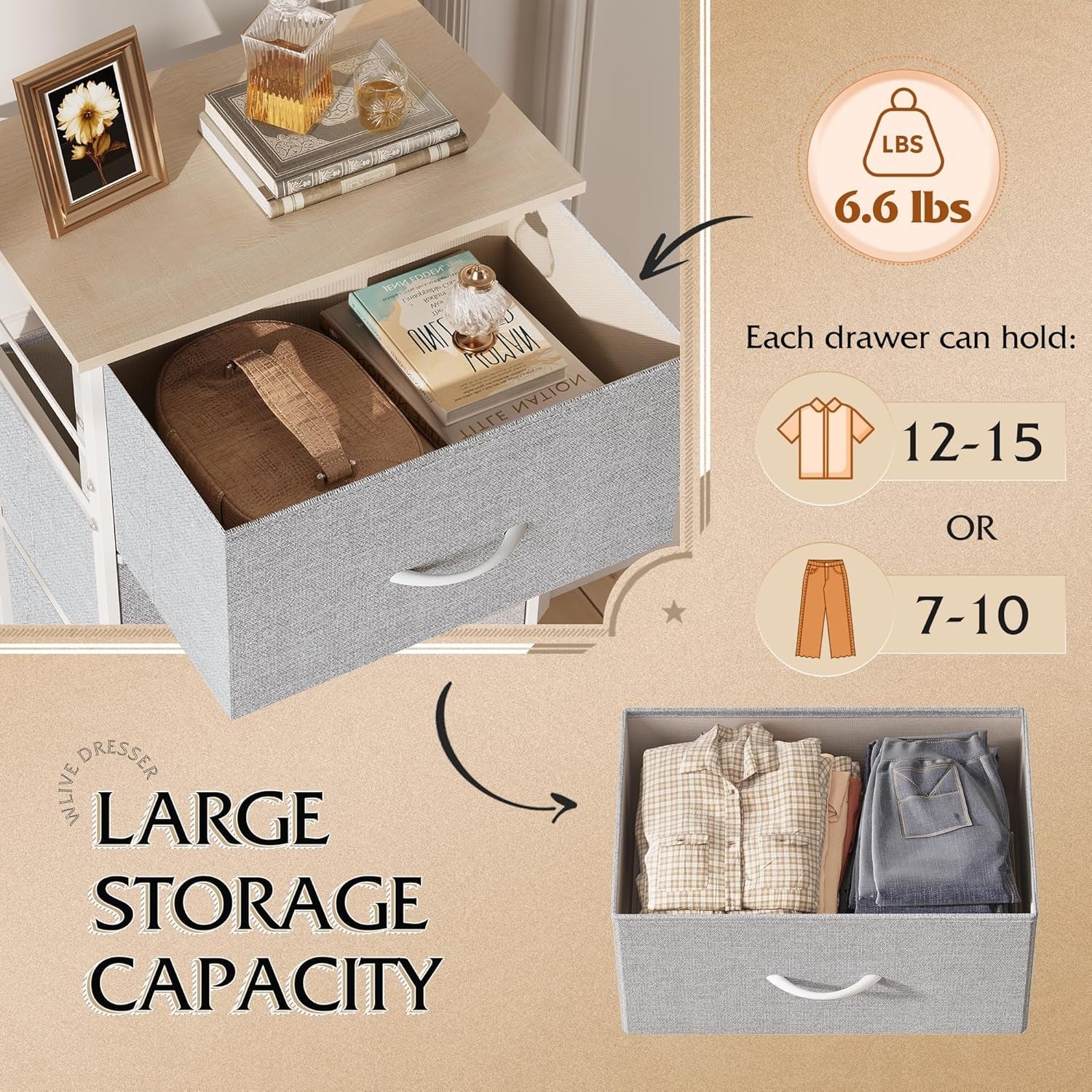 Light Grey Fabric 4 Drawer Dresser With Wood Top Storage