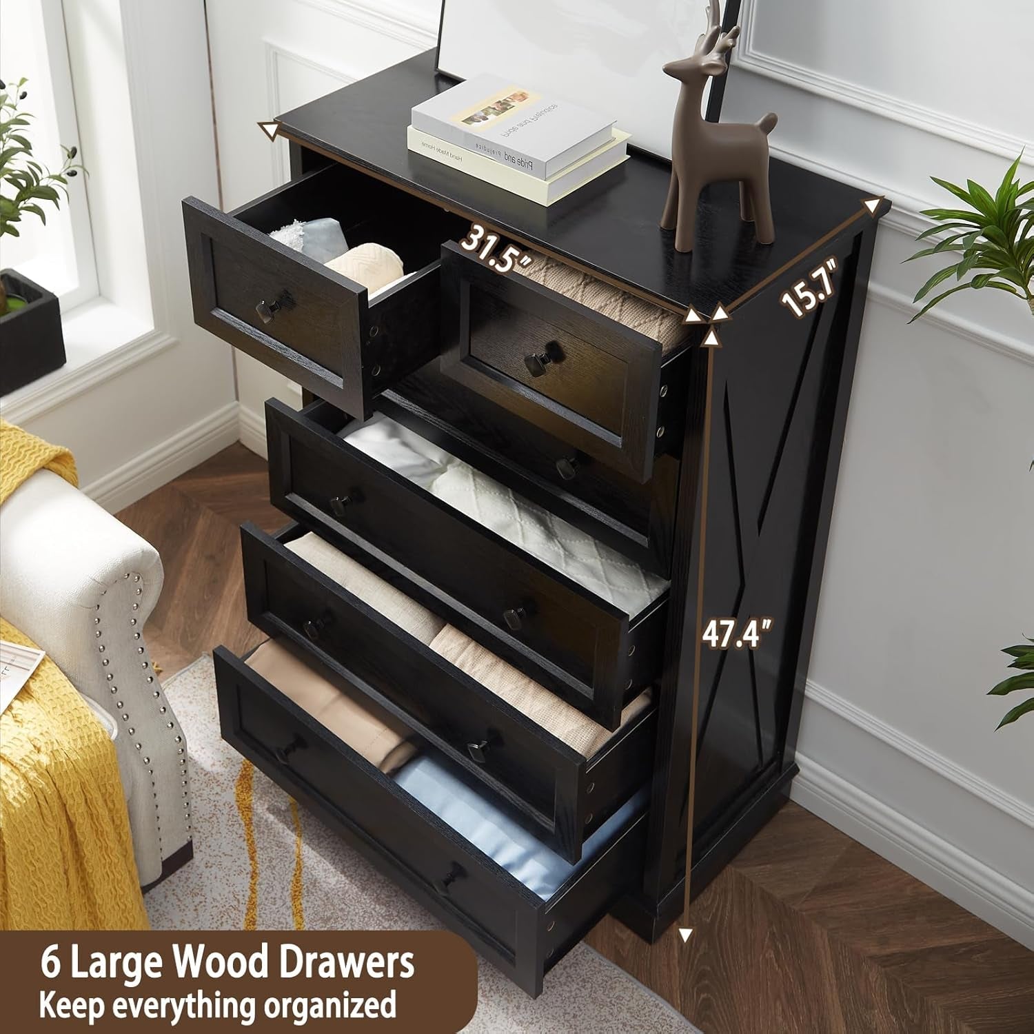 Tall Black Six Drawer Dresser Contemporary Storage