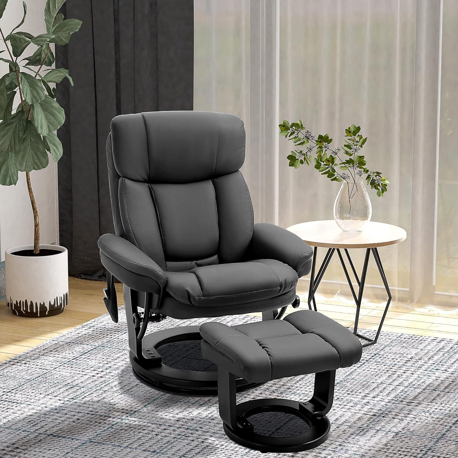PU Leather Massage Recliner Chair With Ottoman Black Swivel
